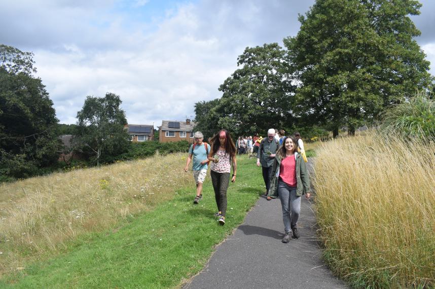 A photograph of walking artist Amelia Daiz leading a group of walkers down a manmade path through a small field. A patch of trees is behind them, with houses on the horizon.